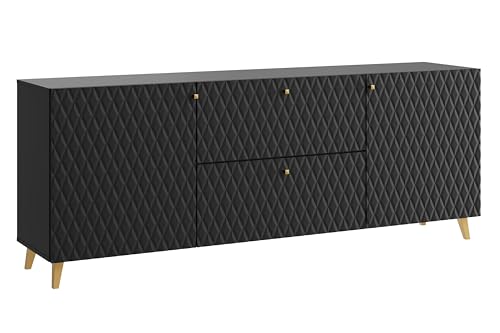 Mueble TV Phuket 181 cm – Aparador Moderno con Frontales Fresados, MDF, Cierre Suave, Patas Negras, Estantes Ajustables, Estilo Escandinavo, diseños y Colores Diferentes (Negro Rombos)