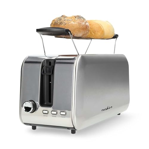Nedis 2 Slice Toaster with Extra Long Slots, Bun Warming Rack, 7 Browning Settings, Defrost, Reheat and Cancel, 1450W, Silver