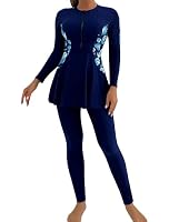 AGYMNX Muslimischen Bademode Damen Lange �rmel Volle Abdeckung Muslim Badeanzug Zwei St�ck Runder Hals Gedruckt Swimsuit Bademode Badehose Strandkleidung Marineblau L