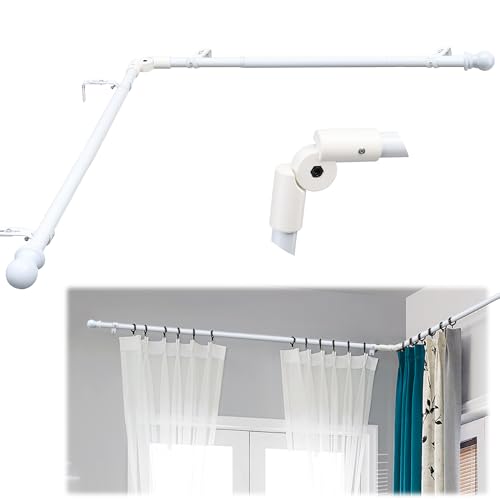 Lcokeiy White Steel Corner Curtain Rod 30-136 Inch Adjustable Wall Mounted Glossy Smooth Finish