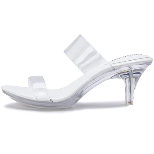 Image of NBUUNBU Clear Heels for Women Silver Black Heels Little Platform Sexy High Heels Sandals Stiletto Kitten Open Toe Dress Shoes Comfortable Double Transparent Strap Heeled Sandals Mule