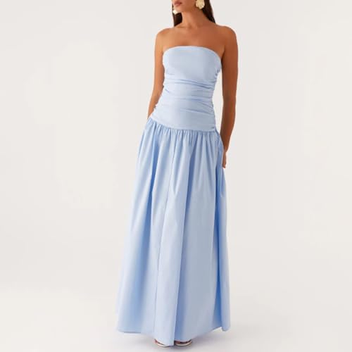 Image of Women Tube Top Maxi Dress 2025 Elegant Sleeveless Strapless Ruched Flowy Summer Long Wedding Party Cocktail Dresses