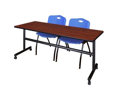 72 x 30 in. Flip Top Mobile Training Table with Cherry & Blue 2 in. M Stack Chairs