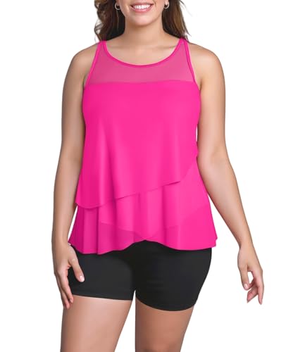 Womens Plus Size Tummy Control Tankini Swimsuits, High Neck Mesh Layered Bathing Suits, Modest Shorts Swimwear 2025