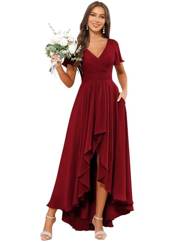 Flutter Sleeve Chiffon Bridesmaid Dresses for Women V Neck Pleated Hi-Low Evening Formal Dress