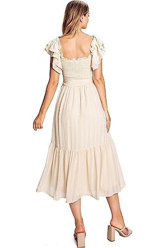 A. Calin By Flying Tomato Women's Feminine Boho Off Shoulder Smocked Midi Dress (Large, Light Taupe) #TOP2