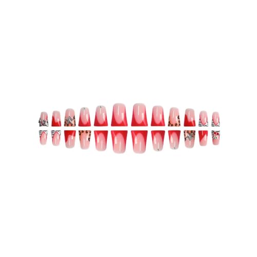 Image of NBNTGH Red French Tip Glue On Nails Leopard Print 24Pcs Glossy Reusable Artificial Acrylic Full Cover False Nails