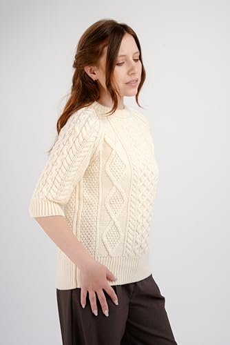 Image of Traditional Irish Sweater for Ladies Short Sleeve Cable Knit - 100% Merino Wool