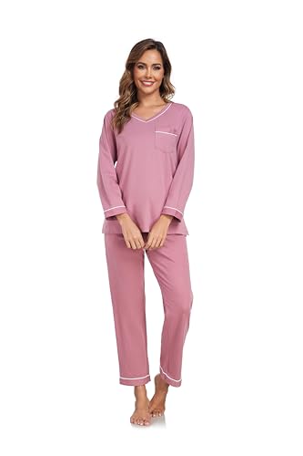COLORFULLEAF Women's 100% Cotton Pajama Set with V-Neck, Long Sleeves & Long Pants, 2-Piece Sleepwear with Pocket S-XXL4