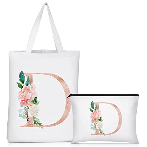 Sanwuta 2 Pcs Initial Canvas Tote Bags Wedding Gift Floral Letter Travel Cosmetic Bags...