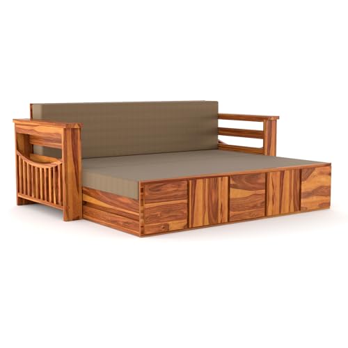 Image of Kunjal Furniture Solid Sheesham Wood Sofa Cum Bed with Storage for Living Room | Natural Finish | 3-Seater Convertible Sofa Bed | Handmade Wooden Furniture