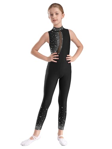 Moggemol Fille Enfants Collant Paillettes Corps Entier Collant Jersey Sans Manches Ballet Unitard Acrobaties Vêtements De Danse Noir 9-10 ans