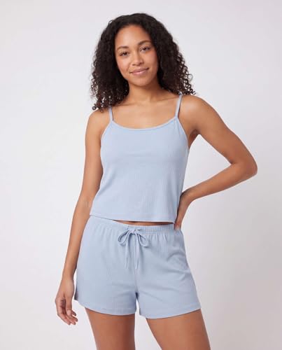 Image of Real Essentials 2 Pack: Women's Ribbed Cropped Cami and Short Set Pajama Sleep Lounge Sleepwear PJ Soft Drawstring Shorts