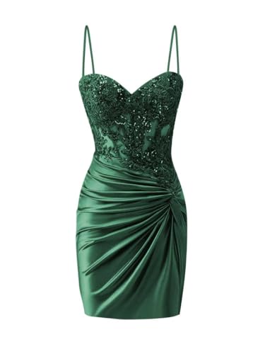 Lace Applique Homecoming Dresses Satin Sequin Sparkly Short Formal HOCO Dress Emerald Green Size 4