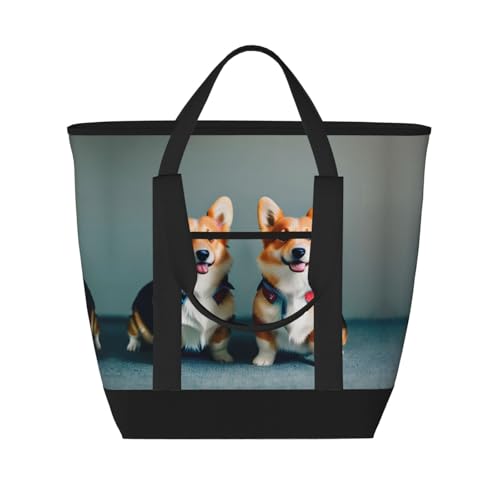 Sac isotherme de grande capacité noir à motif corgi pour courses et repas