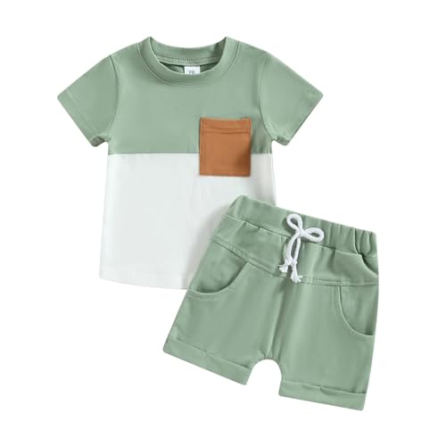 Image of fhutpw Baby Toddler Boy Clothes Summer Outfits 6 12 18 24 Months Patchwork Short Sleeve T Shirt & Shorts Sets with Pockets