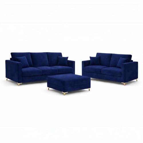 Image of Hayes Rich Velvet Suede 3 Seater + 2 Seater Sofa Set with Ottoman | Golden Aesthetic Legs | 6 Person Seating Capacity | Spacious Soft Touch Comfort | Modern Living Room Sofa (Dark Blue)