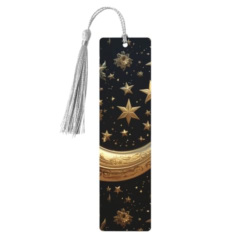 しおり 木製しおり 穴とタッセル付き 木製タグ 金色の星と月 木製クラフト しおり ヴィンテージ しおり オーナメント 木製ブックマーク 女性用 男性 本好きの方 ギフト グレー