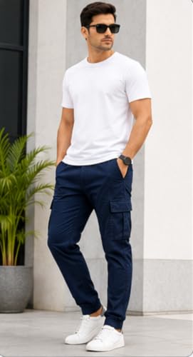 Image of Men's Jogger Cargo Pants | Stretchable Cotton Blend Utility Trousers | Regular Fit Multi Pocket Casual Bottom Wea