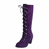 SACFOF Women's Suede Knee High Boot Ladies Lace up High Chunky Heeled Winter Boots Combat Riding Military Boots for Women