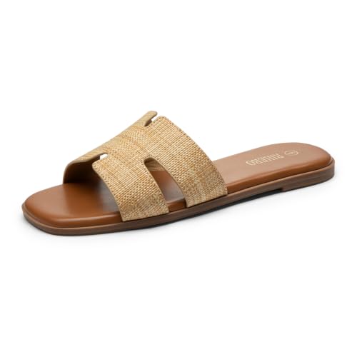 Image of Rihero Flat Sandals Women Dressy Comfortable Slip On Leather Slide Sandals