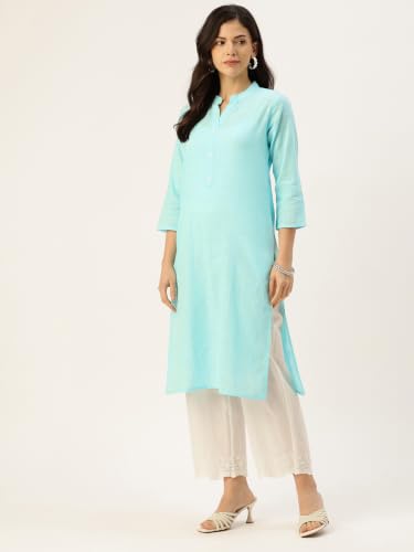 Image of feranoid Women's Plain Cotton Kurta with Mandarin Collar, 3 /4 Sleeves & Pocket