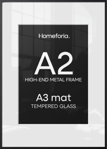 Homeforia A2 Black Picture Frame, High-End Metal, A3 Mat, Glass