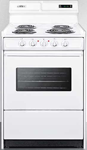 Image of Summit Appliance WEM630KW 24" Wide 220V Electric Range in White with Coil Elements, High Backguard, Oven Window, Light, Adjustable Oven Racks, Broiler Pan and Lower Storage Compartment