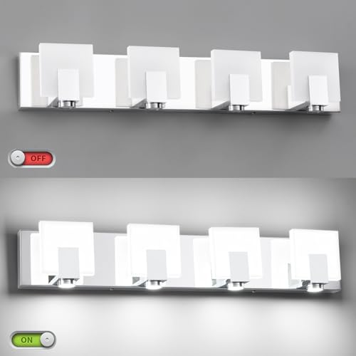 Image of SOLFART Bathroom Vanity Light Chrome Stainless Steel Acrylic LED Bathroom Light Fixtures Over Mirror 4 Lights ND