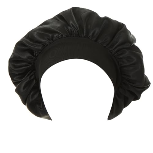 TOPTIE Satin Silky Sleep Bonnet Cap with Premium Wide Elastic Band Headwrap for Natural Curly Hair-Black