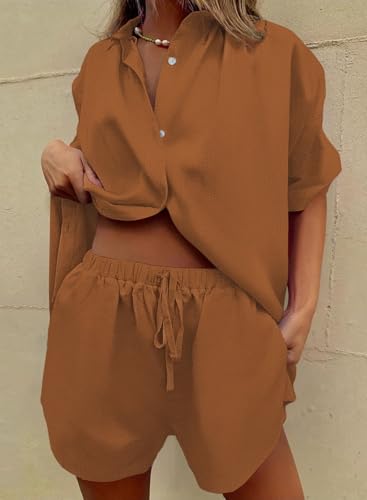 Image of Fixmatti Women 2 Piece Outfits Long Sleeve Button Down Blouse and Shorts Sweatsuit Sets