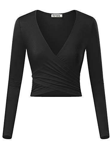 VETIOR Sexy Tops for Women Party Club Night Deep V Neck Long Sleeve Black Wrap Crop Tops Medium Black