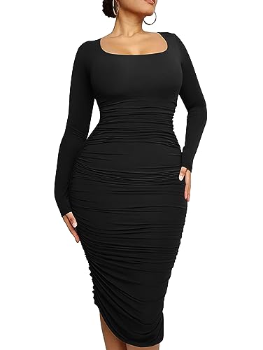 LAGSHIAN Women's Plus Size Sexy Bodycon Long Sleeve Scoop Neck Ruched Basic Midi Party Dress