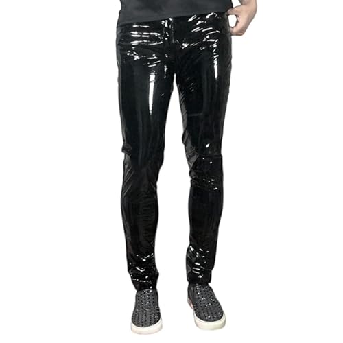 Men's Shiny Faux Leather PU Pants Wet-Look Stretch Trousers Slim Fit Party Club Casual Vintage