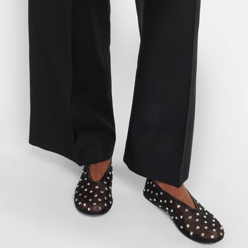 MICIFA Mesh Ballet Flats for Women Crystal Rhinestone Flat Shoes Round Toe Sparkly Ballerina Shoes Low Heel Glitter Casual Wedding Dress Mary Jane Flats Black2