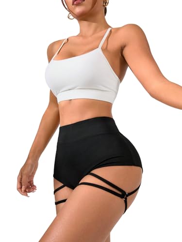 GORGLITTER Damen Shorts Hohe Taille Sommershort Modern Minishorts mit Kreuzdetail Super Kurze Hose Fitnesshorts Clubwear Hotpants Festival Short Schwarz S