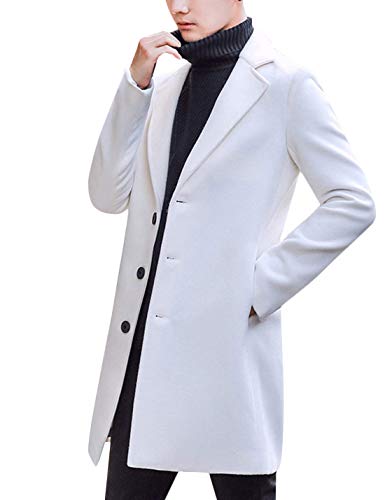 Tanming Mens Black Trench Coat Notched Lapel Single Breasted Long Peacoat Overcoat (White-M)