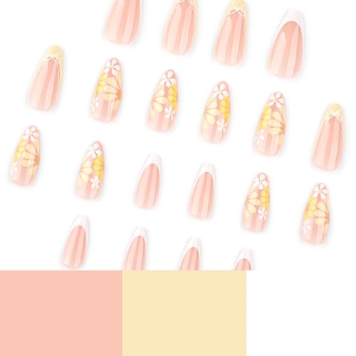 Image of Yellow Flower Press on Nails French Tip Fake Nails with Design Spring Summer Glue on Nails Reusable Artificial Acrylic Full Cover Stick on Nails Medium Almond False Nails for Women Manicure 24Pcs