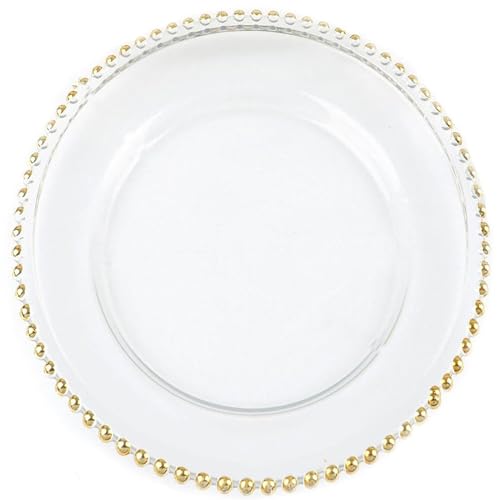 Balsa Circle 8 pcs 12-Inch Clear Glass Charger Plates with Gold Beaded Rim Dinner Chargers Wedding Party Supplies Holidays Occasions