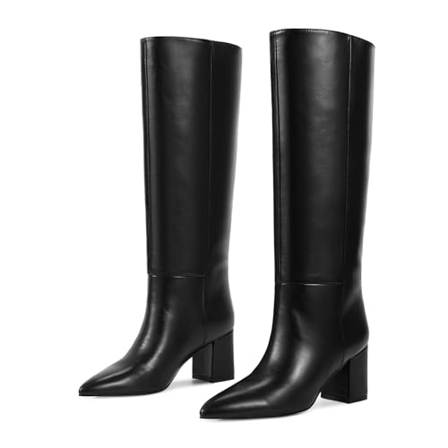 wetkiss Knee High Boots Women Chunky Heel Pointed Toe Tall Pull-On Dress Fashion Fall Long Tall Boot2