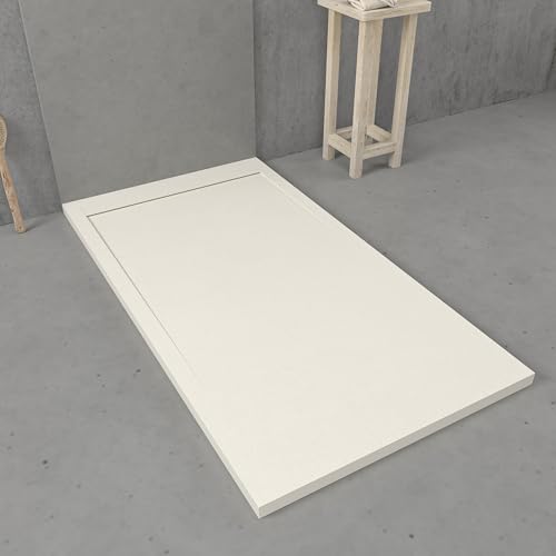 VAROBATH | Plato de Ducha URBANSTONE – Material Resina con Carga Mineral y Textura Pizarra Antideslizante C3 – Incluye Válvula Desagüe y Rejilla (Blanco Roto RAL9001, 70x160)