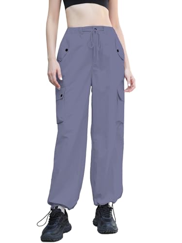 Image of Cromoncent Womens High Waist Parachute Pants Y2K Cargo Trousers with Pockets, Purple Gray, XXL