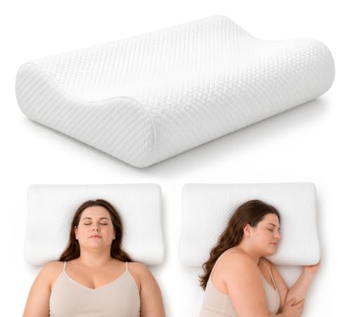 Image of AM AEROMAX Contour Memory Foam Pillow Orthopedic Sleeping Pillows, Cervical Pillow with Washable Pillowcase for Side, Back and Stomach Sleepers (Queen - 26 x 15.7 x 4.8, White)