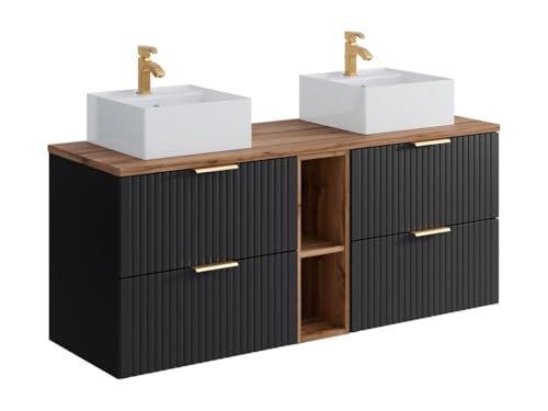 Vente-unique - Meuble de Salle de Bain Suspendu strié avec niches et Double Vasque à Poser carrée - Noir et Naturel Clair - L140 cm - ZEVARA