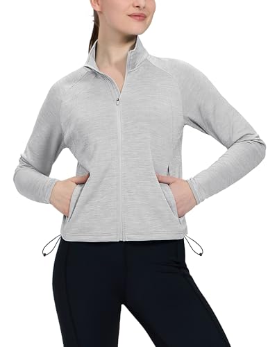 MIER Women's Lightweight Jackets Zip Up Cropped Workout Athletic Track Jacket with Pocket, UPF 50+, Heather Ligth Grey S
