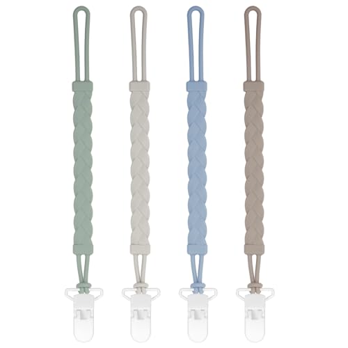 Image of Stylish Silicone Pacifier Clips, 4-Pack Pacifier Holder with Flexible Woven Rope Design, 100% Food Grade Silicone, Easter Safe Essentials for Newborns Baby Boys and Girls