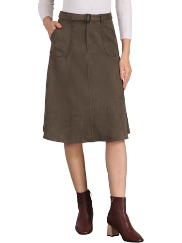 Allegra K Women's Casual Faux Suede Pockets Stretch A-line Midi Skirt with Belt