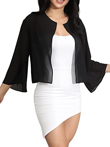 Unicra Chaqueta bolero de chifón para noche, boda, manga larga, verano, gasa para novia, vestido corto para mujeres y niñas, color negro