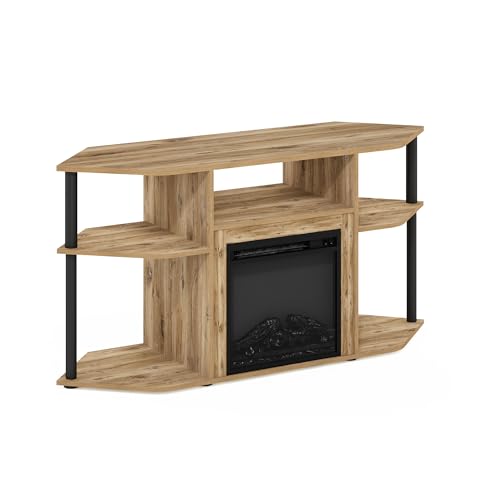 Image of Furinno Jensen Fireplace TV Stand, Corner Entertainment Center, TV Console for TV up to 55 Inch with Fireplace, Plastic Poles and Open Storage, for Living Room, Bedroom, Flagstaff Oak
