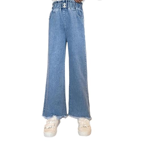 Jeans for Girls Baggy Wide Leg Denim Pants Kids Cute Elastic High Waist Buttons Trousers Trendy Streetwear with Pockets